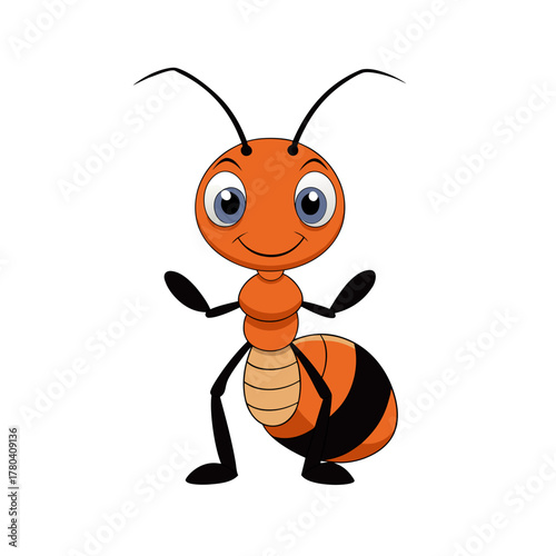 A friendly cartoon ant with big blue eyes and black stripes on its abdomen isolated on white background silhouette