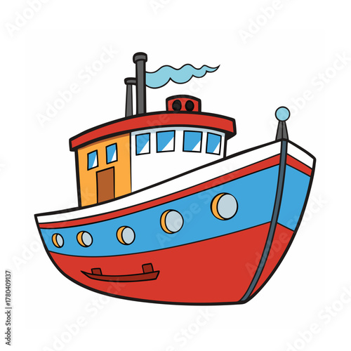 Cartoon tugboat with red blue and white hull and smoke coming from chimney isolated on white background silhouette