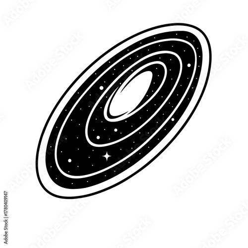 Stylized spiral galaxy with stars and a central oval shape presented as a black silhouette isolated on white background