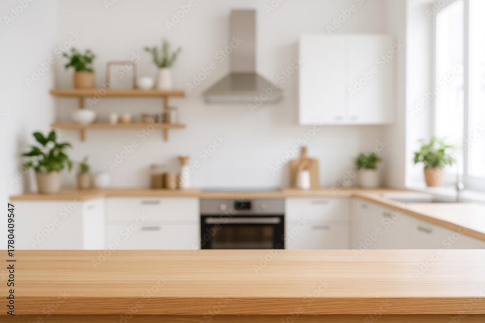 Fototapeta premium Wooden kitchen countertop with blurred modern white kitchen interior and green plants in background, minimal home cooking space concept. Ai generative