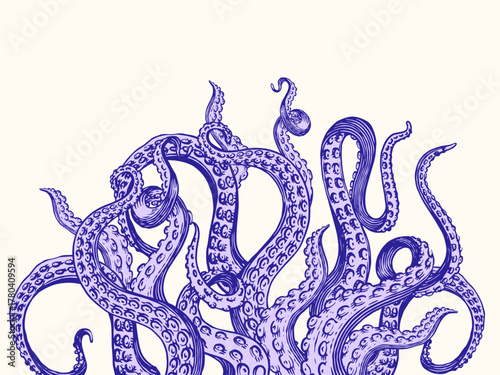 Octopus or Kraken tentacles background. Engraved hand drawn in old sketch, vintage sea monster creature. Nautical or marine. Animal in the ocean. Template for logos, labels and emblems.