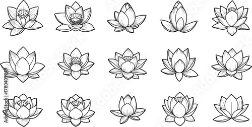 Lotus flower vector set, black and white floral icons, blooming stages, botanical line art, spiritual symbol, decorative tattoo elements, nature design