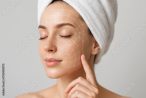 Woman with digital facial grid and towel on head touching skin gently on gray background. Concept of skincare, beauty tech and facial analysis. Ai generative