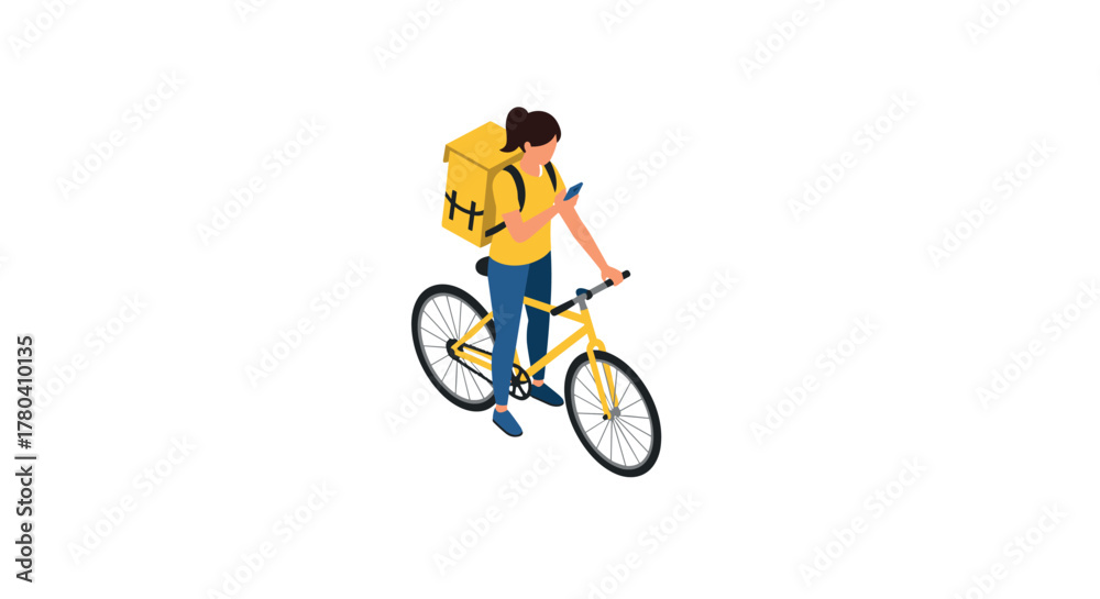 Obraz premium Modern delivery cyclist using smartphone for navigation in isometric design