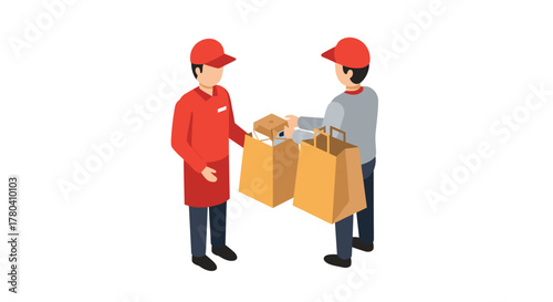 Isometric delivery interaction with customer and courier exchanging packages and bags