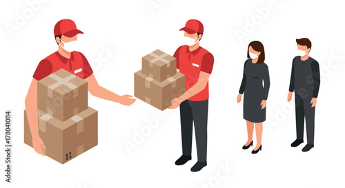 Contactless delivery concept with workers wearing masks and social distance practice
