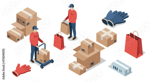 Isometric delivery concept with workers, boxes, and packing supplies on white background