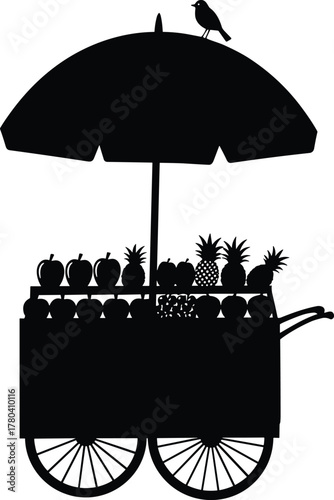 Fruit cart silhouette vector, tropical fruits, street vendor illustration, black umbrella, market scene, banana apple pineapple, minimal design, editable graphic