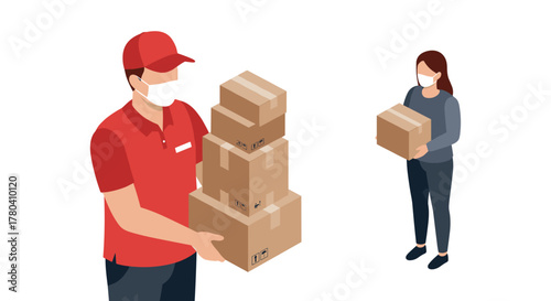 Isometric delivery concept with people wearing masks and holding boxes