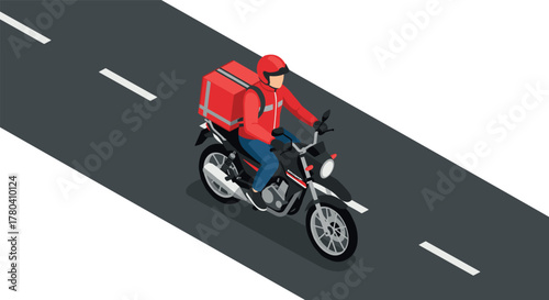 Motorcycle delivery person in red uniform on road in isometric style