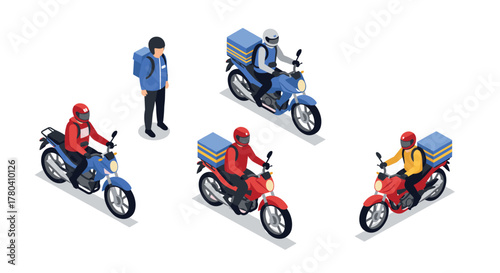 Isometric food delivery motorcycle couriers and riders in colorful helmets