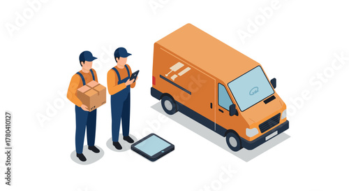 Isometric delivery service concept with workers, van, and digital tablet
