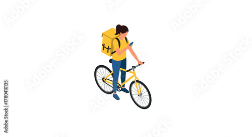 Modern delivery cyclist using smartphone for navigation in isometric design
