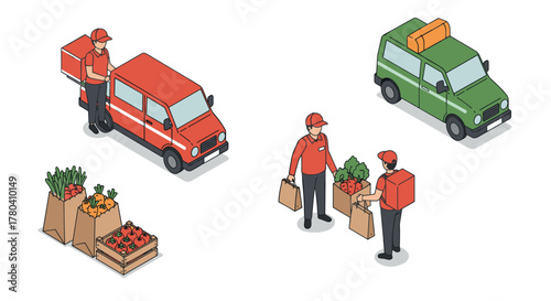Isometric delivery service with couriers and fresh grocery transport in urban environment