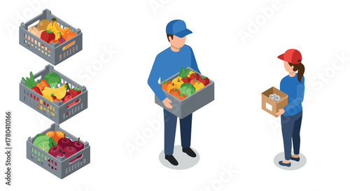 Isometric grocery delivery with fresh fruits and vegetables in baskets and boxes