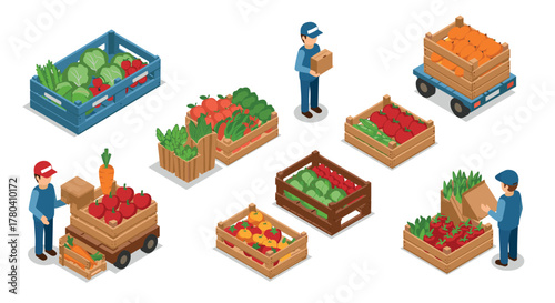 Diverse market goods in isometric style featuring fresh produce in wooden crates