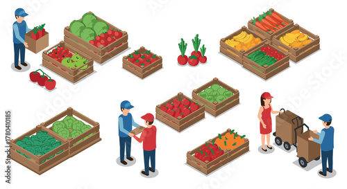 Isometric farmers market scene with diverse fresh produce and friendly vendors