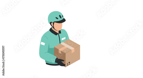 Delivery person in uniform holding package on white background