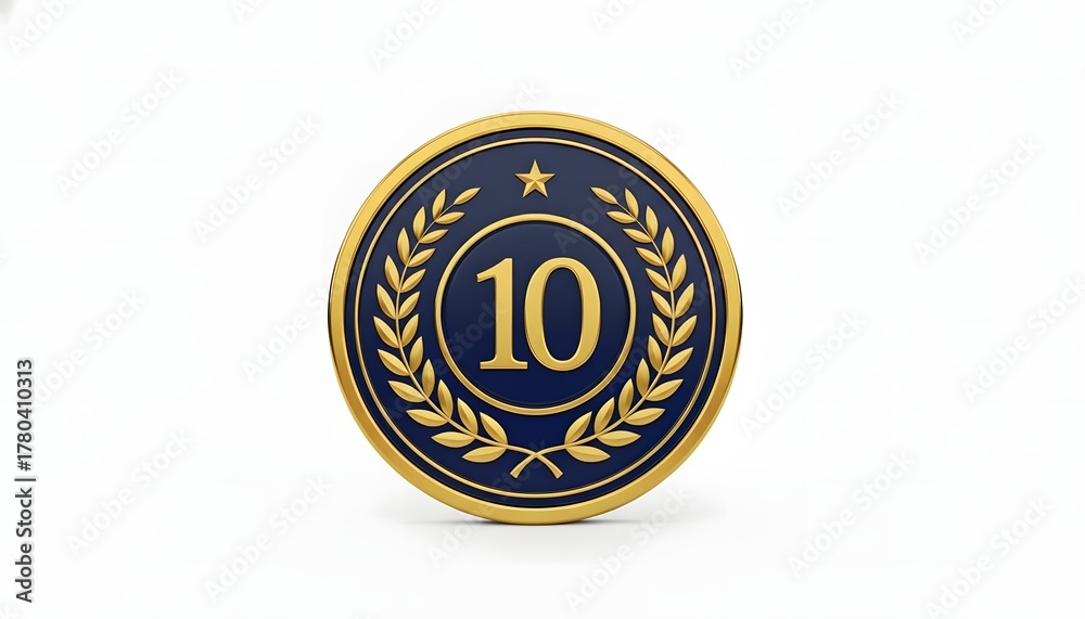 Naklejka premium Prestigious 3D gold and navy blue medallion with the number ten and a laurel wreath, representing a 10th anniversary, decade milestone, or top 10 achievement award