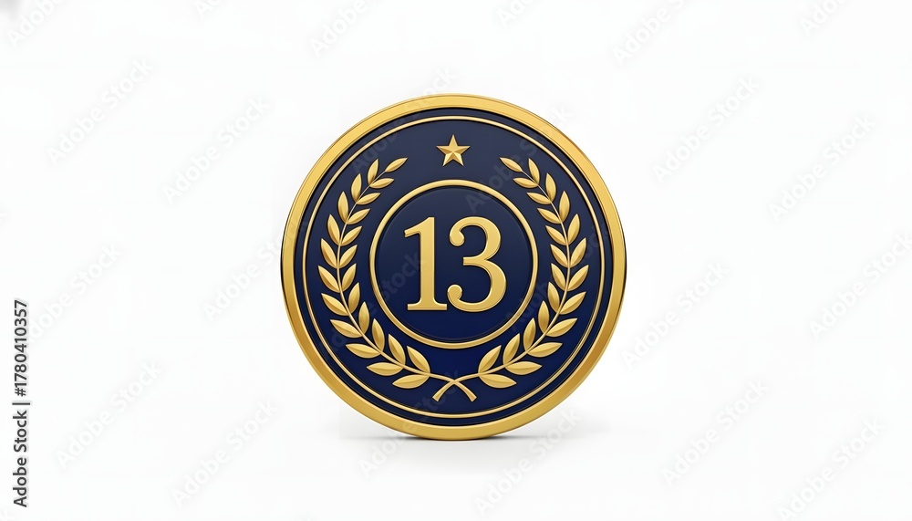 Naklejka premium Prestigious 3D gold and navy blue medallion displaying the number thirteen within a laurel wreath, perfect for signifying a particular rank or recognition in a competition