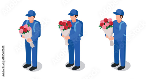 Isometric delivery person holding bouquets of red and pink roses