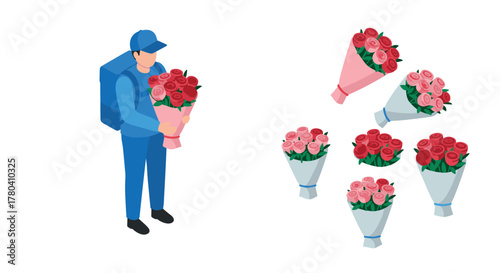 Isometric flower delivery courier with roses and bouquets