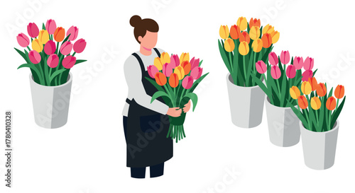 Florist holding bouquet of colorful tulips with potted arrangements in isometric style