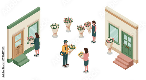 Isometric flower shop scene with delivery person and customers
