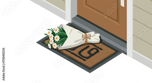 Isometric home delivery flowers on welcome mat by front door