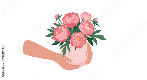 Pink peony bouquet held by hands on white background