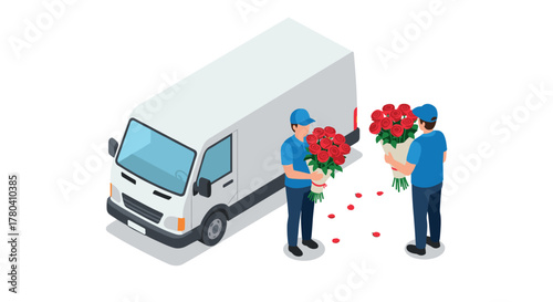 Isometric flower delivery couriers with bouquet near truck