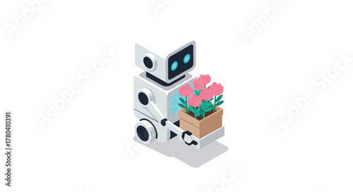 Isometric robot delivering flowers in futuristic style