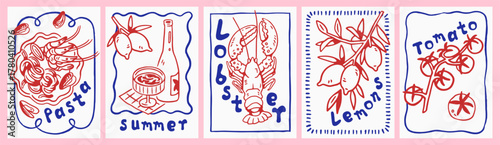 Dolce Vita posters set. Doodle-style sea food, lemon, tomato and pasta, kitchen and Mediterranean cuisine card designs. Italian sketches with limoncello, lobster, seafood. Drawn vector illustrations