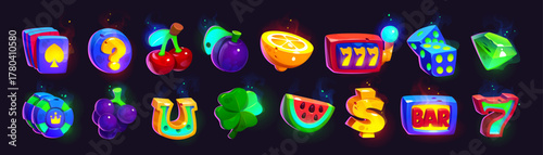 Cartoon set of slot game icons on background
