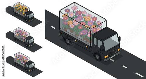 Isometric flower delivery truck with colorful floral cargo on road