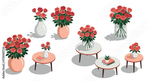 Isometric red roses in vases on tables elegant floral decor arrangement