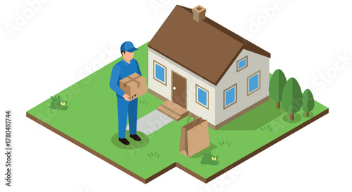 Isometric home delivery scene with courtyard and trees