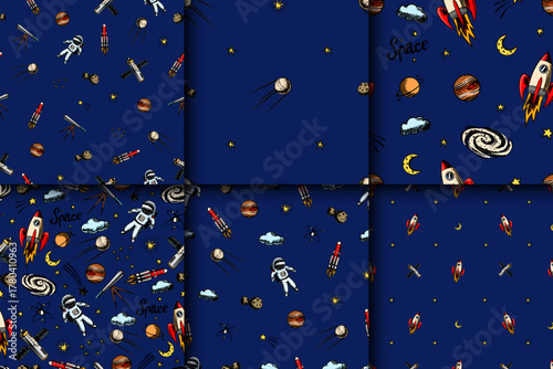 Set of space doodles seamless patterns in sketchy style with rocket astronaut or spaceman, planets and telescope. science elements for kids and educational content