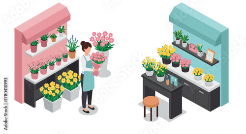 Isometric flower shop display with florist and colorful plant arrangements