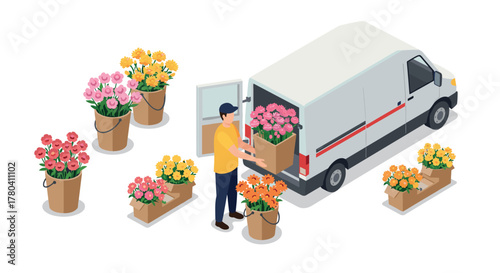Isometric flower delivery scene with van and florist loading colorful bouquets