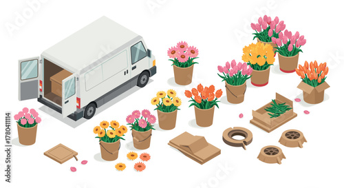 Isometric floral delivery scene with van and colorful potted flowers