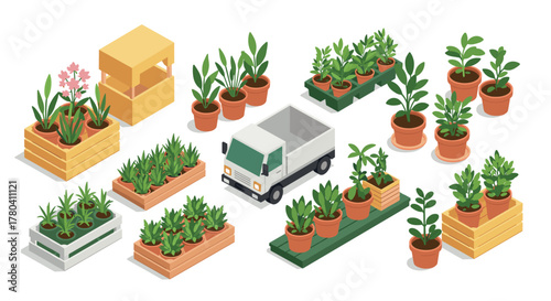 Isometric garden planters with truck and pot plants in urban setting