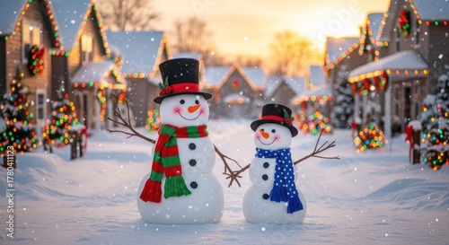 Fototapeta Naklejka Na Ścianę i Meble -  Two snowmen, one large & one small, stand in a snow-covered street in front of decorated houses with Christmas lights