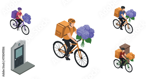 Isometric delivery cyclist with flowers and packages on white background