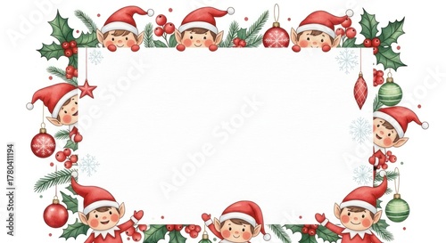 A festive frame of elves, holly, ornaments, and snowflakes encloses a white rectangle, perfect for holiday greetings