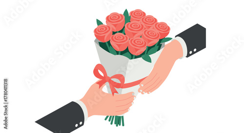 Isometric bouquet gift exchange with pink roses and hands in suits