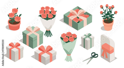 Charming isometric floral packing with gift boxes and bouquets in soft colors