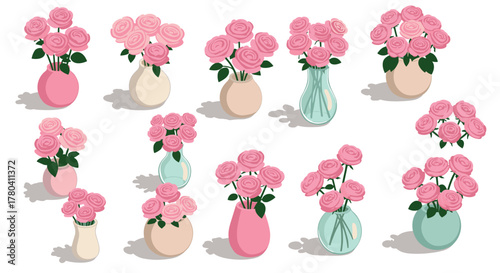 Elegant floral arrangements with pink roses in various vases on white background