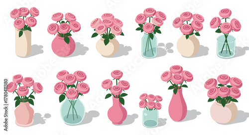 Elegant pink roses in vases a collection of isometric floral arrangements