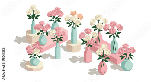 Elegant isometric floral arrangements with pink and white roses on geometric platforms